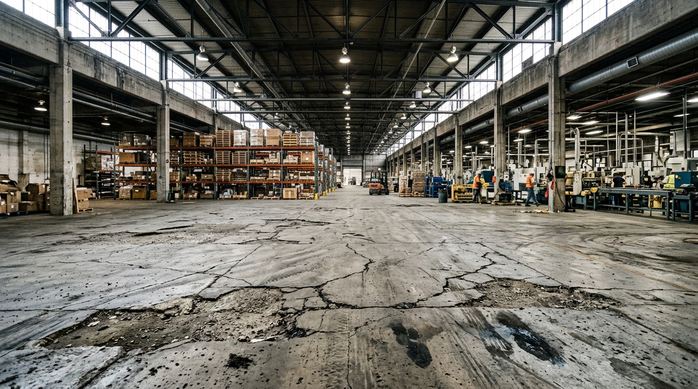 Deformed and Cracked Factory Concrete Floor